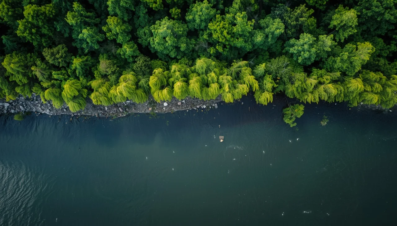 Snimak iz vazduha priobalne šume i reke kao ilustracija osetljivih urbanih i periurbanih staništa koja invazivne biljke lako zauzimaju.