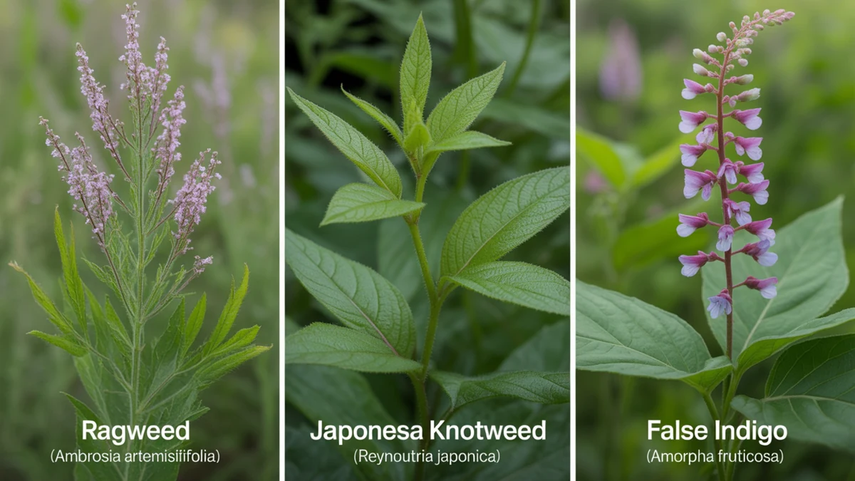 Tri invazivne biljke prikazane uporedo kao vodič za prepoznavanje ambrozije, japanskog dvornika i amorfe.