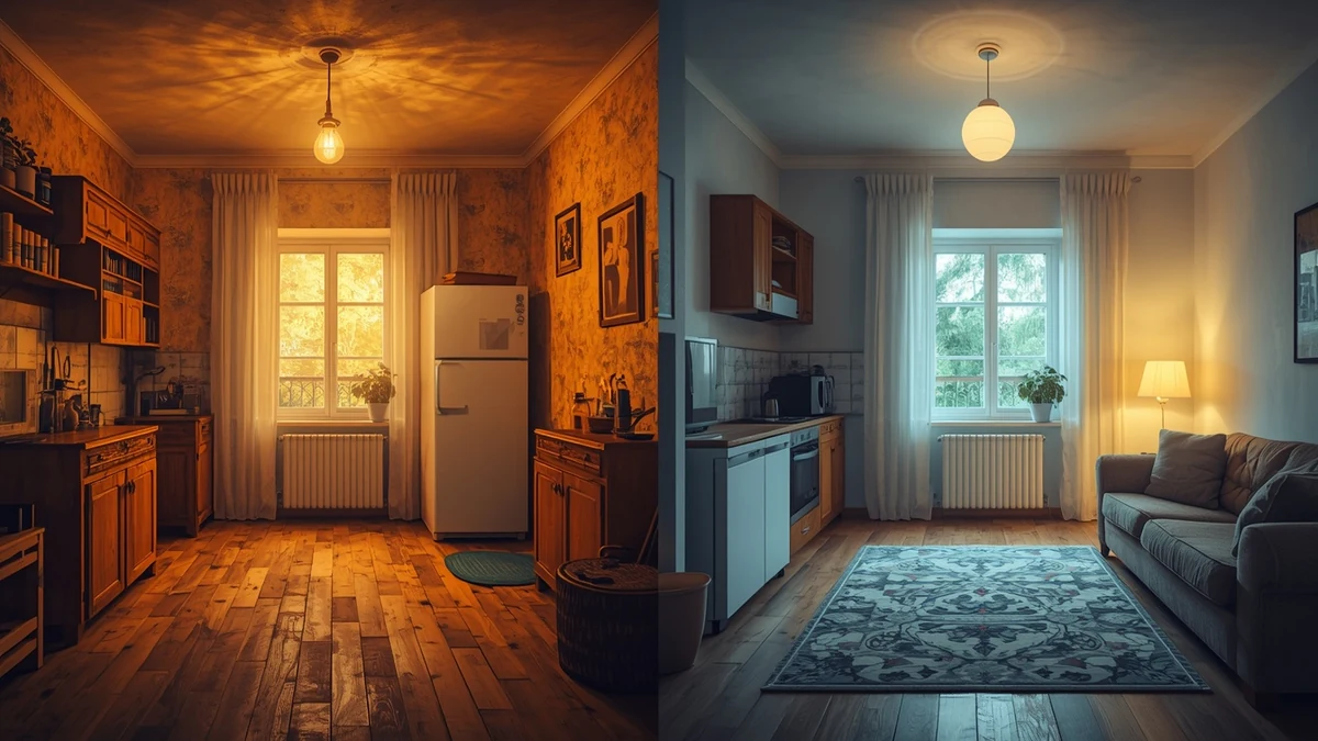 Poređenje starog i energetski efikasnijeg doma kao ilustracija štednje energije i boljeg komfora u domaćinstvu.