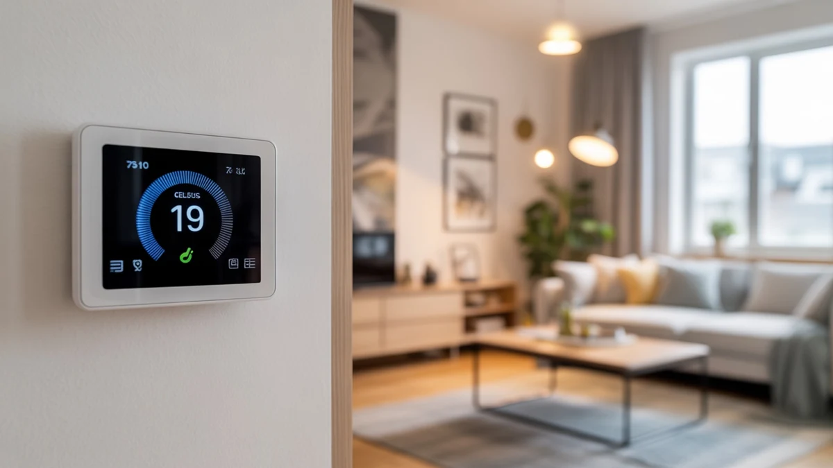 Pametni termostat na zidu sa prikazom temperature kao ilustracija kontrole grejanja i uštede energije.