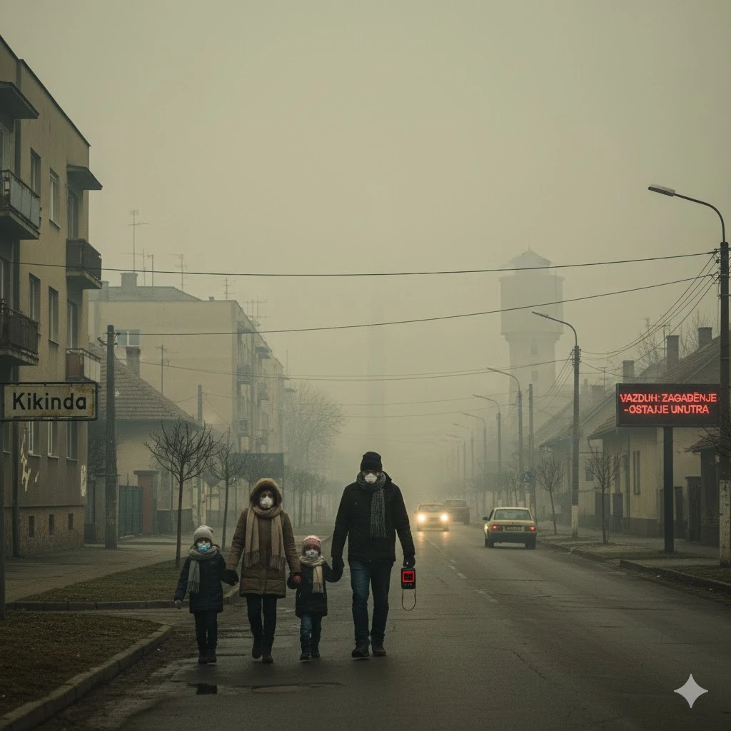 Zimski smog iznad Kikinde – gradske ulice i svetla jedva se naziru kroz gustu sivu izmaglicu, simbol zagađenja vazduha u malom gradu.