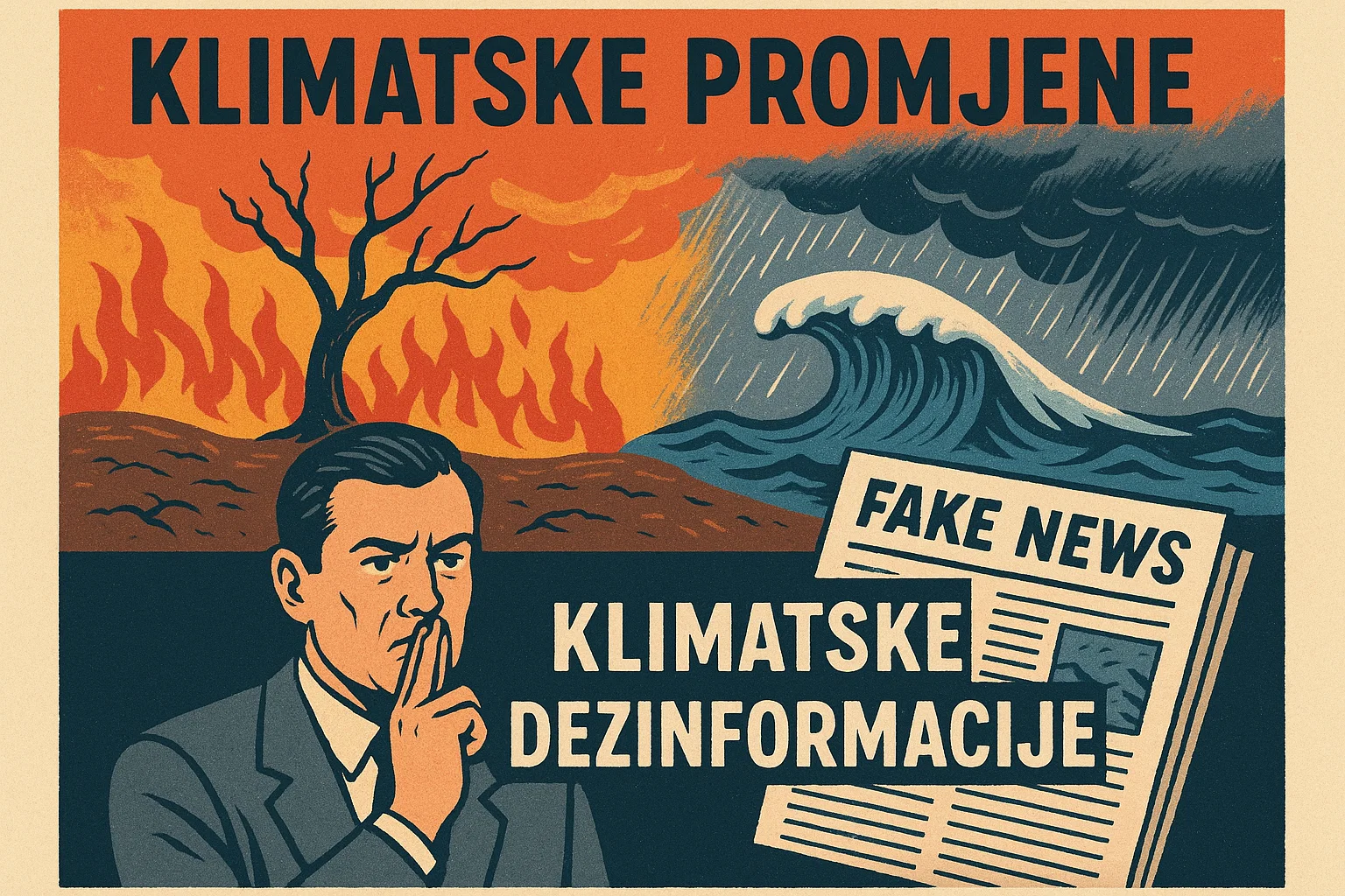 Ilustracija klimatskih promena, požara, poplava i novina sa natpisom „fake news“