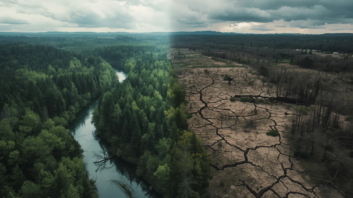 Podeljen pejzaž sa zelenom rekom na jednoj strani i isušenim, ispucalim zemljištem na drugoj kao ilustracija klimatskih promena.
