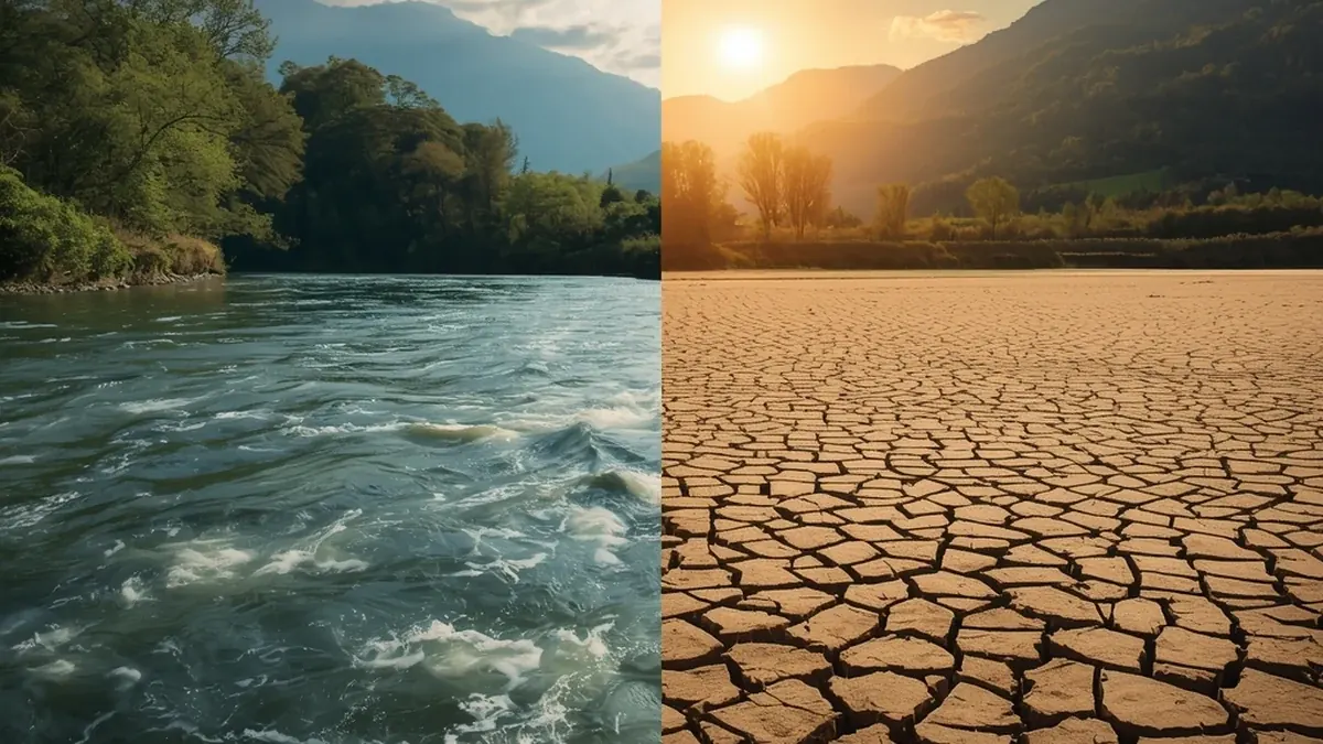 Poređenje pune reke i isušene zemlje kao ilustracija klimatskih promena i promena hidrološkog režima.