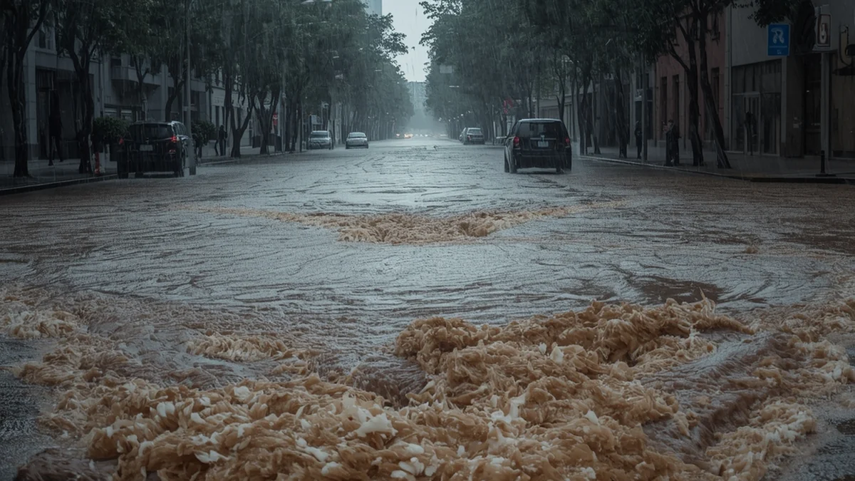 Poplavljena gradska ulica tokom jake kiše kao ilustracija klimatskih pritisaka na sisteme otpadnih voda.