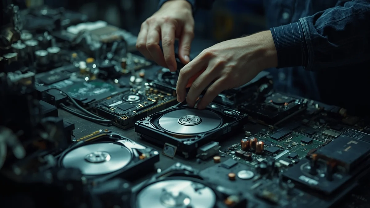 Radnik rastavlja tvrde diskove i elektronske komponente namenjene oporavku metala.