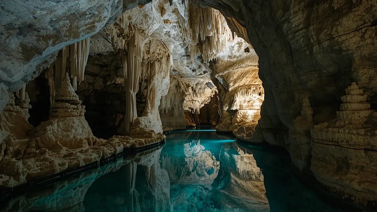 Pećina sa podzemnom vodom i stenama oblikovanim rastvaranjem krečnjaka