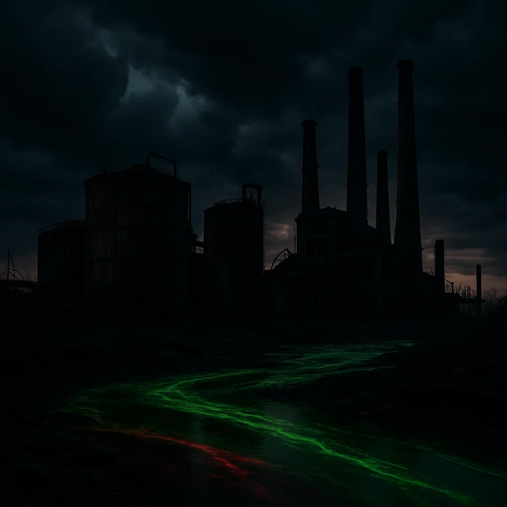 Napuštena industrijska fabrika sa visokim dimnjacima u Loznici, ispred koje protiče zagađena rečica sa zeleno-crvenim odsjajem – simbol industrijskog zagađenja Viskoze i Drine.