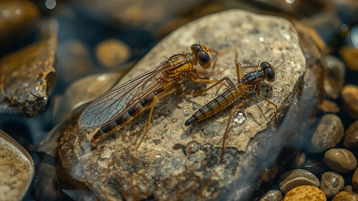 Vodeni insekti na kamenu kao ilustracija makroinvertebrata i biološkog monitoringa rečnih ekosistema.
