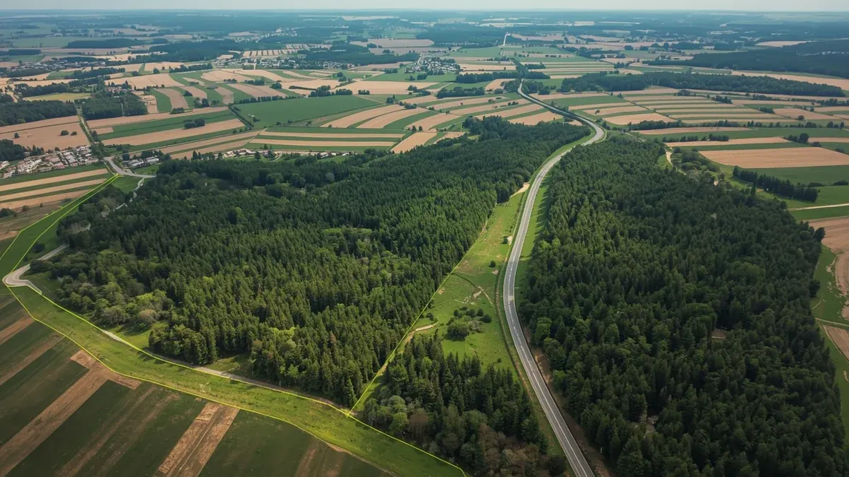 Vazdušni pogled na šumski fragment okružen poljima i putem kao ilustracija fragmentacije staništa i metapopulacione dinamike.
