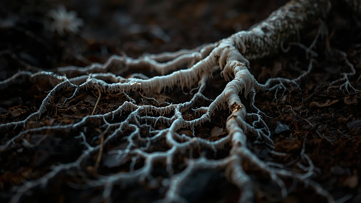 Korenje obraslo belim micelijumom u tamnom šumskom tlu kao ilustracija mikorizne mreže ispod površine.
