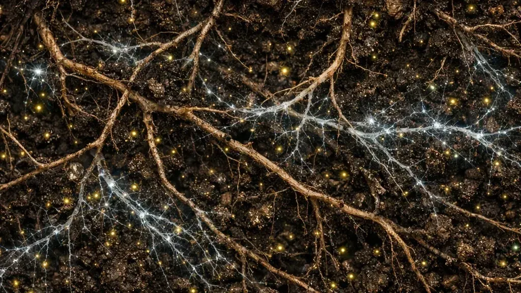 Prikaz korenovog sistema i svetlucave mreže mikroorganizama u tamnom zemljištu — simbol mikrobnog života tla.