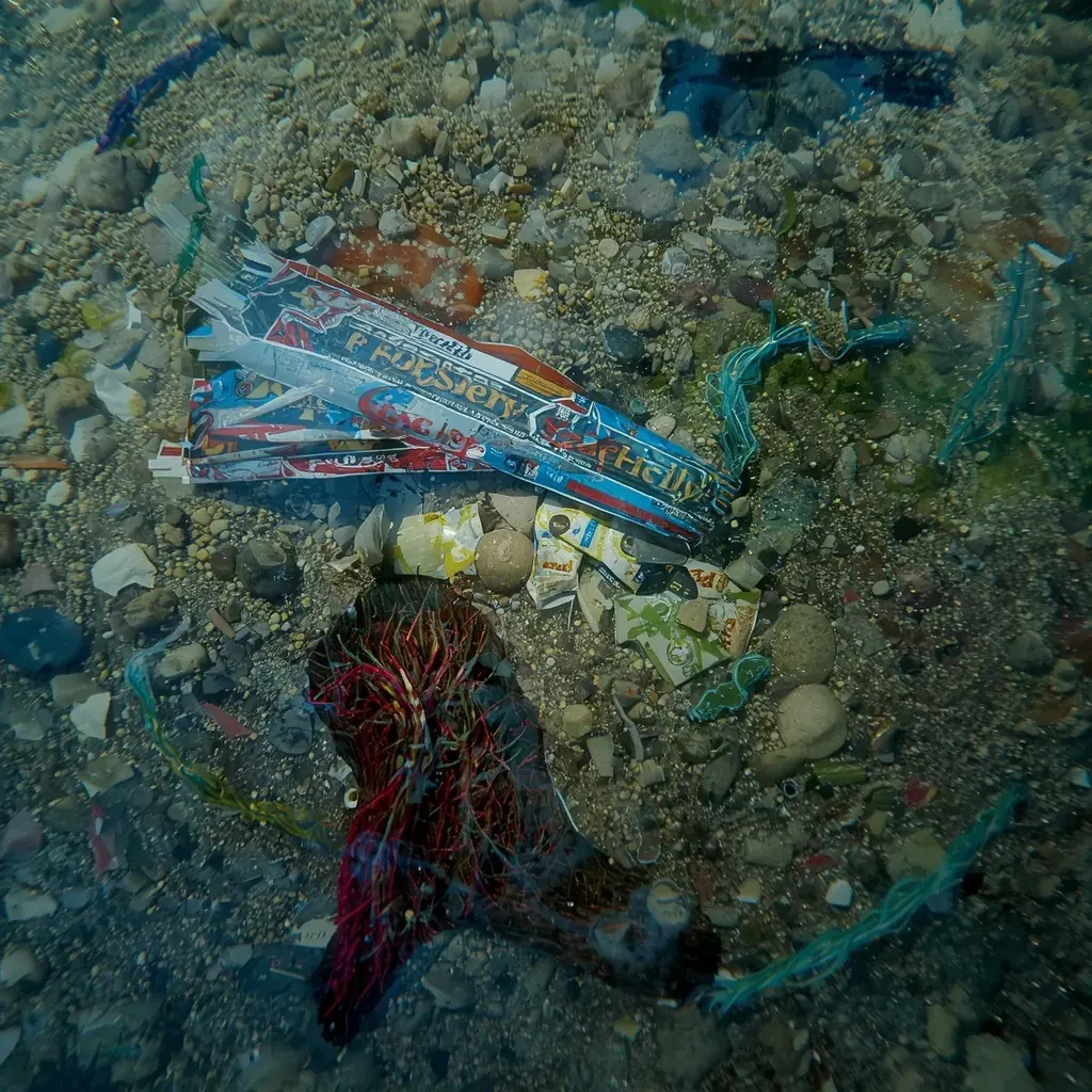 Plastični otpad u sedimentu kao ilustracija mikroplastike u rečnim ekosistemima.
