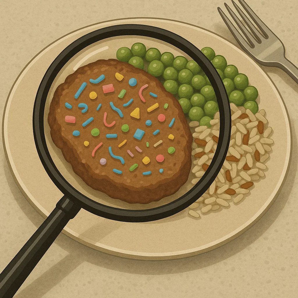 Tanjir sa hranom pod lupom, na pljeskavici se vide šarene čestice koje simbolizuju mikroplastiku u hrani