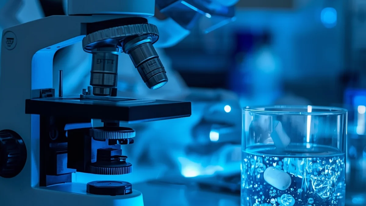 Mikroskop i uzorak vode sa farmaceuticima kao ilustracija mikrozagađivača u otpadnim vodama.