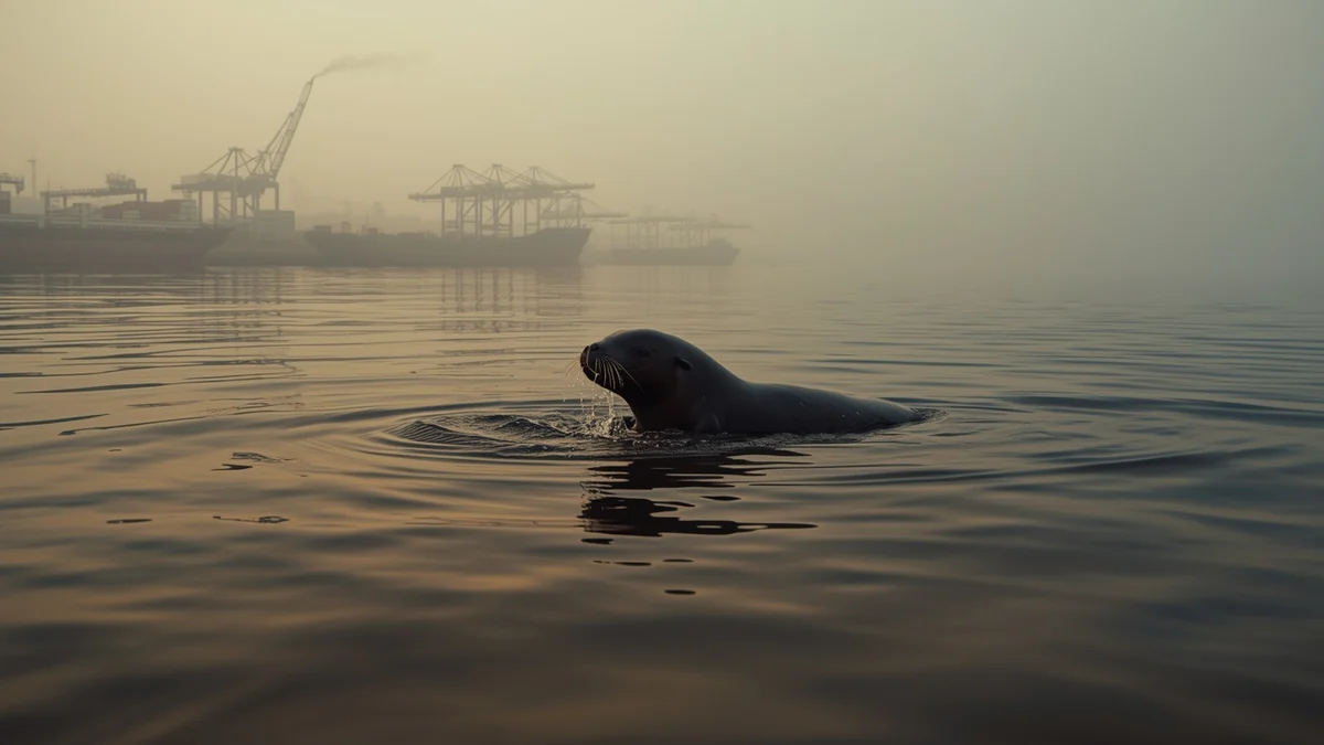 Morski sisar u zamućenoj vodi ispred lučke infrastrukture kao ilustracija priče o morskoj svinji i pritiscima na Crno more i Dunav.