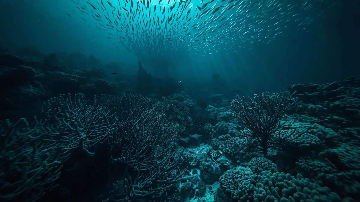 Tamni podvodni prizor osiromašen kiseonikom kao ilustracija mrtvih zona i deoksigenacije u morima.