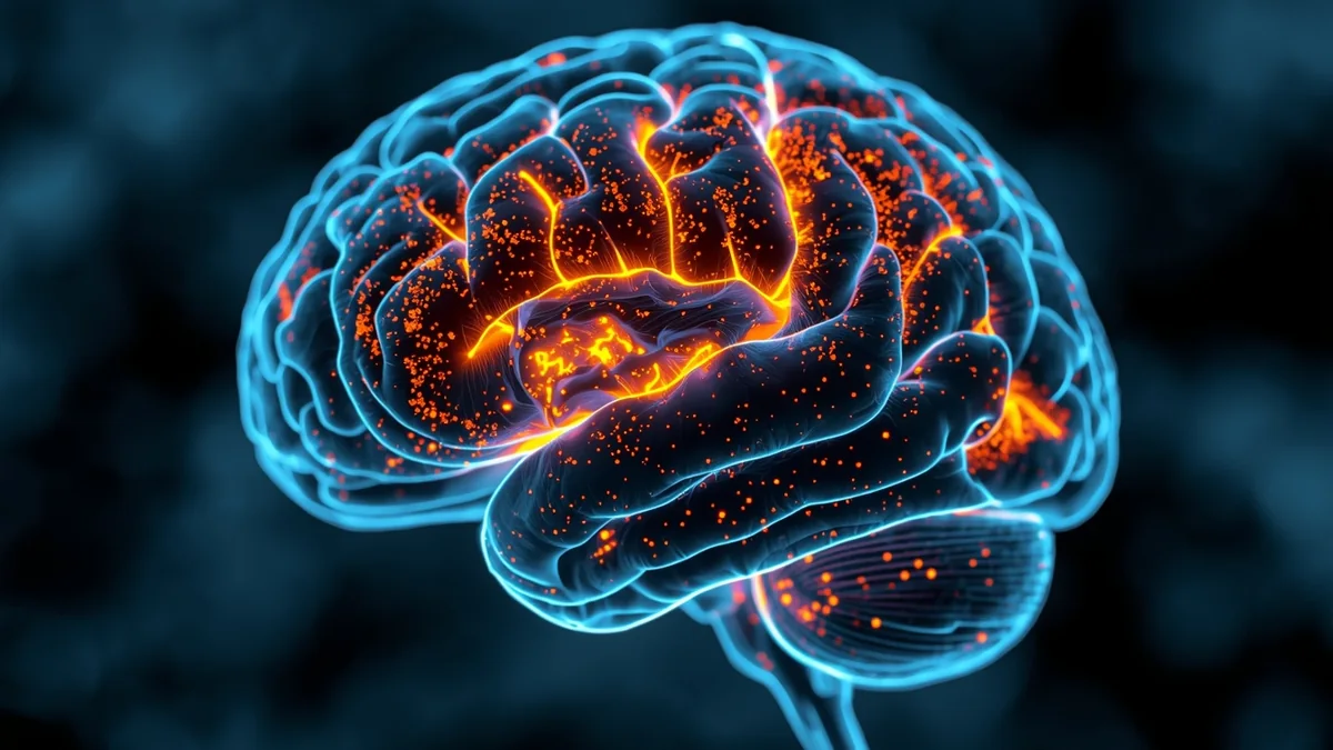 Ilustrativni prikaz mozga sa svetlećim nervnim mrežama kao vizuel teme nanoplastike i mogućeg uticaja plastike na nervni sistem.