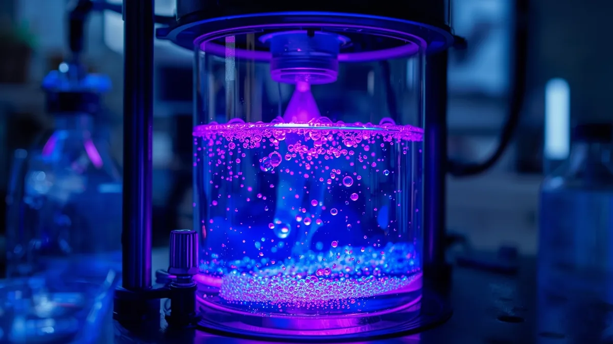 Neonski laboratorijski reaktor i mehurići kao ilustracija naprednih oksidacionih procesa u tretmanu perzistentnih zagađivača.