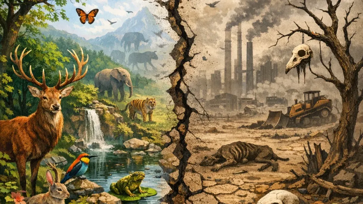 Simboličan prikaz nestanka biodiverziteta: bogat prirodni ekosistem sa životinjama i čistom vodom nasuprot suvoj, zagađenoj industrijskoj pustoši.