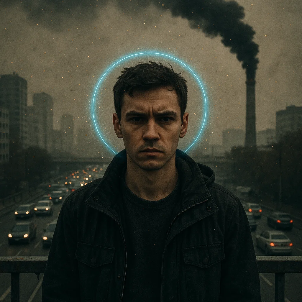 Mladi muškarac stoji na nadvožnjaku iznad kolone automobila u zagađenom gradu; iza njega se vidi dimnjak koji ispušta crni dim, kao simbol čestičnog zagađenja vazduha i pritiska na ekologiju i zaštitu životne sredine.