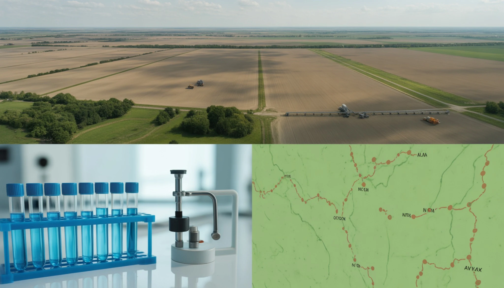 Poljoprivredna polja, laboratorijski uzorci i karta monitoringa kao ilustracija nitrata i pesticida u podzemnim vodama Vojvodine.