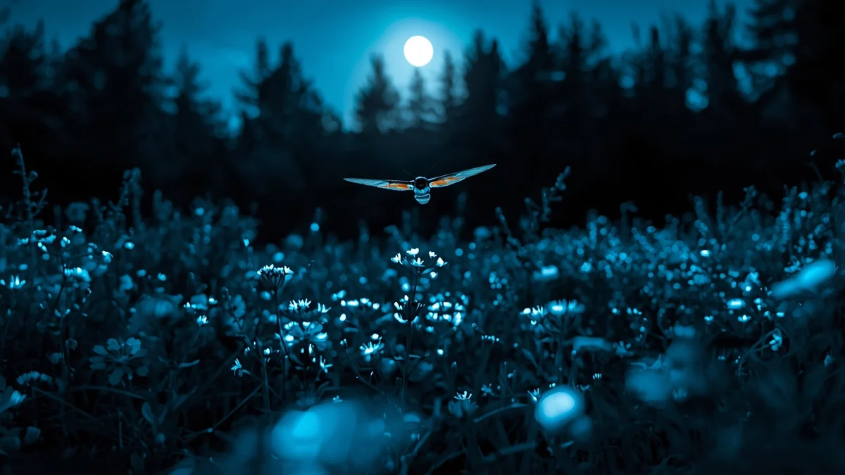 Noćni insekt iznad cvetova pod mesečinom kao ilustracija noćnog oprašivanja i osetljivosti ovih vrsta na svetlosno zagađenje.