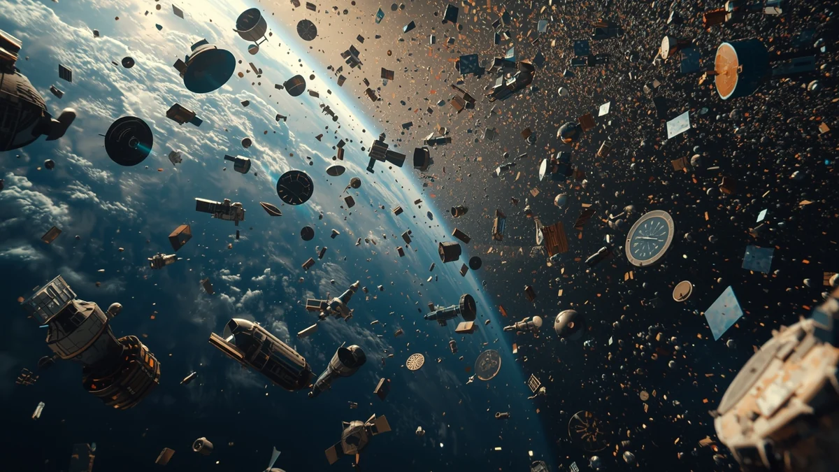 Orbitalni otpad i fragmenti satelita oko Zemlje kao ilustracija bezbednosnog i ekološkog problema u niskoj orbiti.