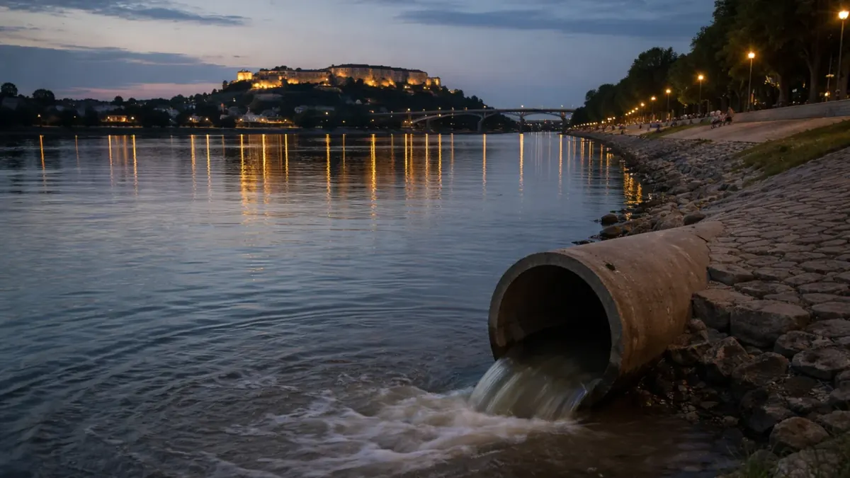 Ispust otpadnih voda u Dunav kod Novog Sada u sumrak, refleksija svetala na vodi i tvrđava u daljini