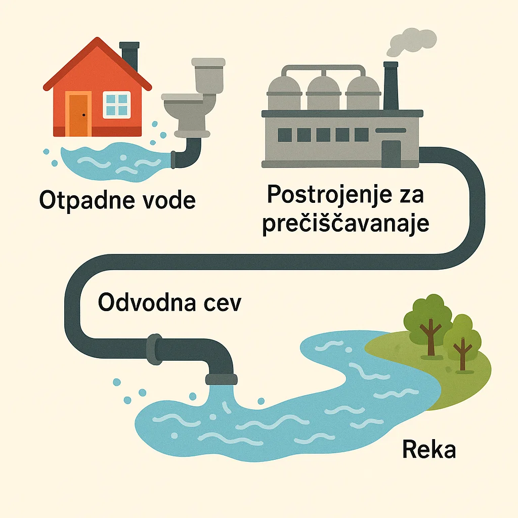 Šematski prikaz otpadnih voda iz domaćinstava i industrije, kroz odvodnu cev do reke