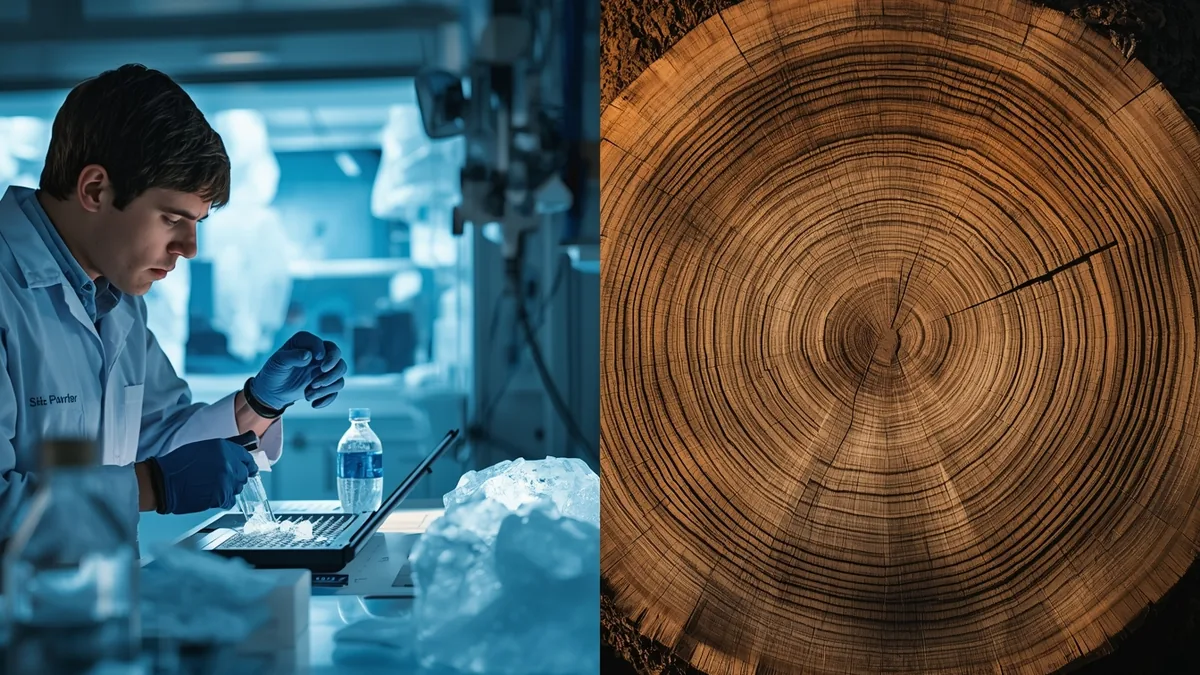 Naučnik uz uzorke leda pored preseka godova drveta kao ilustracija paleoklimatskih proxy zapisa.
