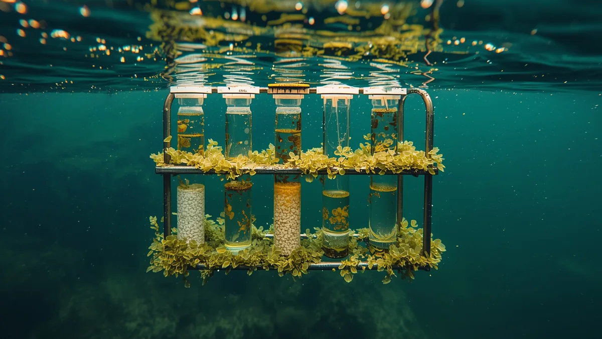 Laboratorijske bočice i grafikon kao ilustracija monitoringa organskih zagađivača i pasivnog uzorkovanja u vodi.