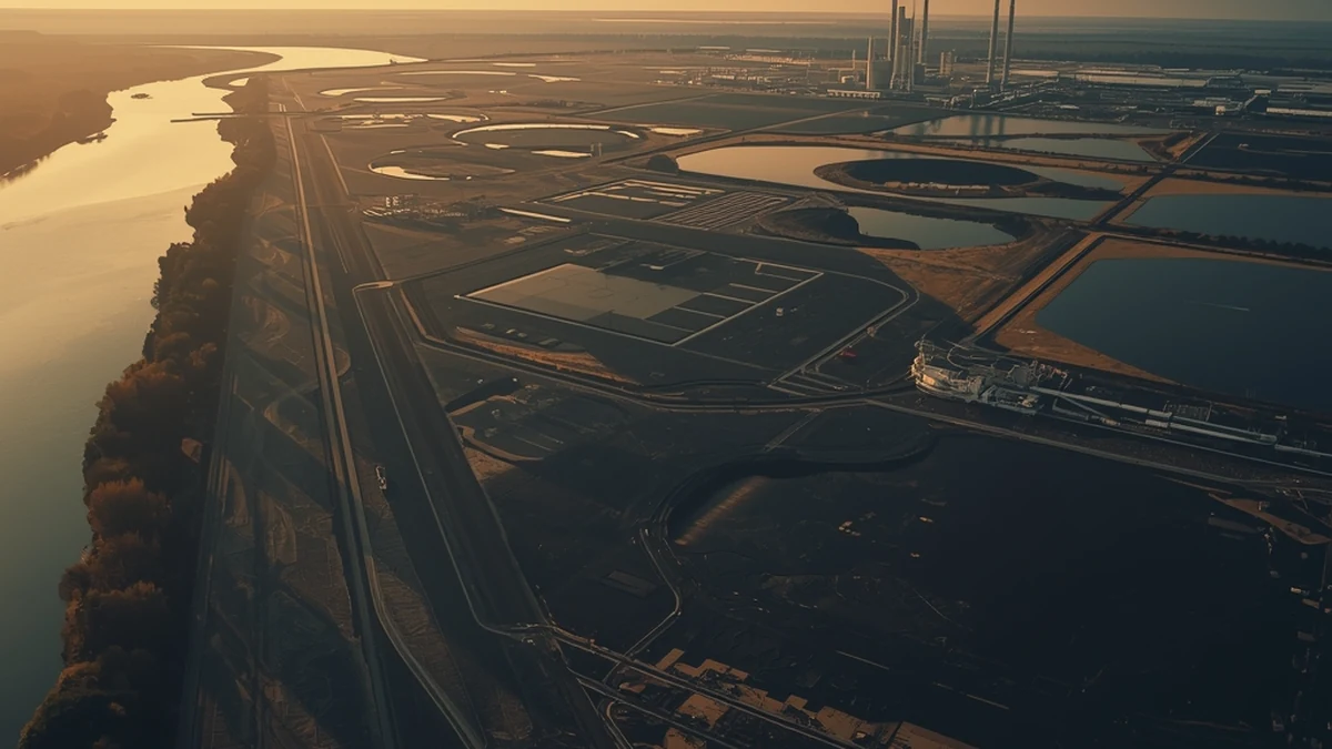 Ilustrativni vizuel industrijskog postrojenja i pepelišta pored reke — priča o letećem pepelu termoelektrana u Srbiji.