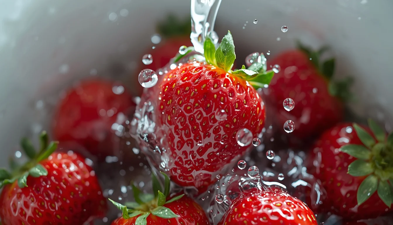 Sveže jagode koje se ispiraju vodom kao ilustracija smanjenja ostataka pesticida pranjem voća.