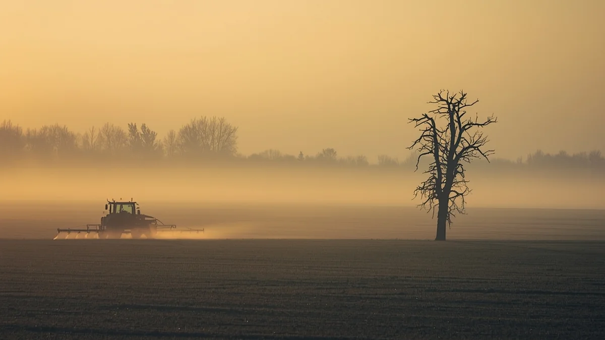 Traktor na njivi u zlatnoj izmaglici – ilustracija intenzivne poljoprivrede i upotrebe pesticida.