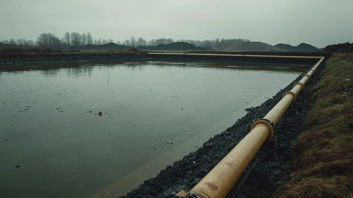 Deponijski bazen sa zamućenim filtratom i cevovodom duž obale.