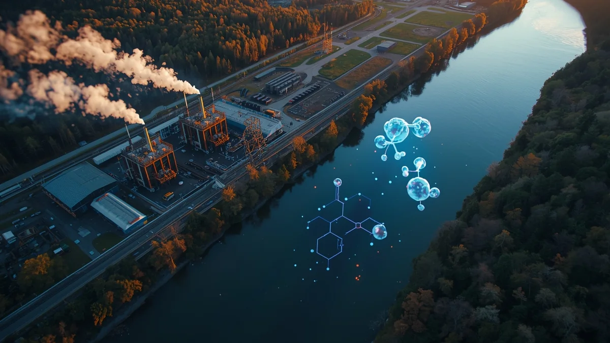 Industrijsko postrojenje uz reku i hemijske strukture kao ilustracija PFAS zagađenja vode i životne sredine.