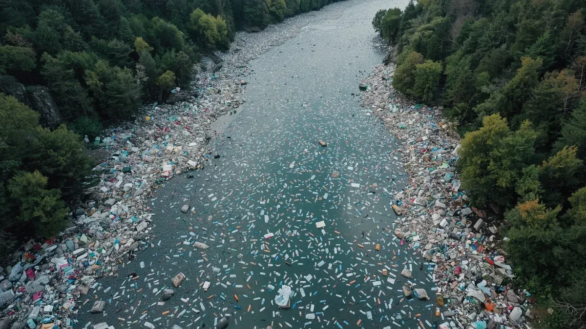 Reka prekrivena plastičnim otpadom kao ilustracija plastičnog zagađenja vodotokova i prirode u Srbiji.