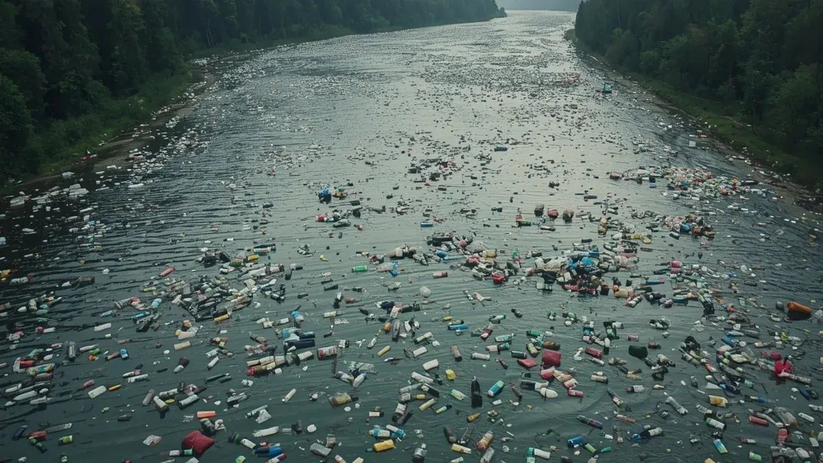 Ilustrativni vizuel reke prekrivene plastičnim otpadom — priča o plastičnom zagađenju Drine.