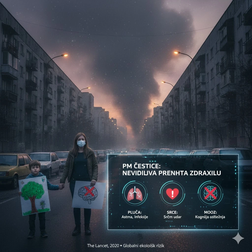 Majka i dete sa maskama stoje na ulici prekrivenoj smogom – simbol zagađenog vazduha i nevidljivih PM čestica