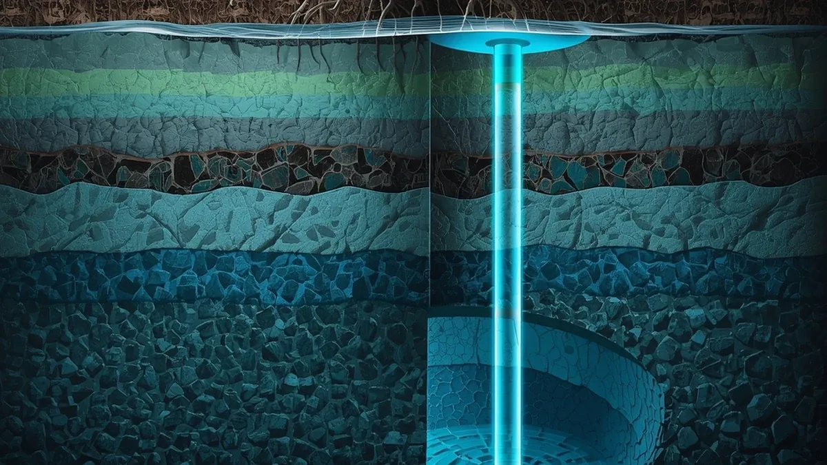 Presek tla sa bunarom i podzemnim slojevima koji prikazuju akvifer i kretanje podzemne vode