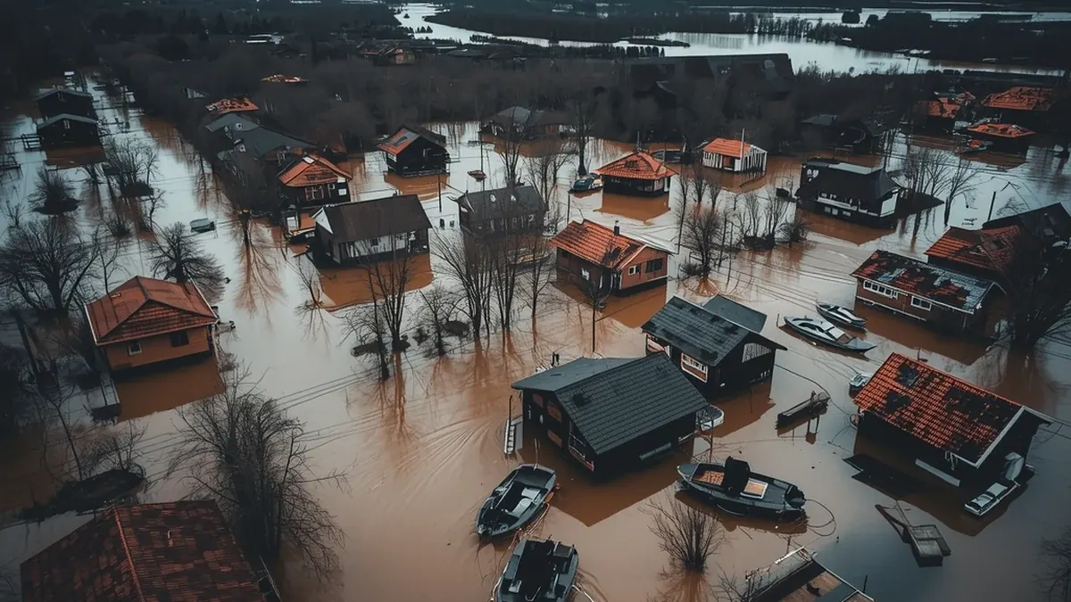 Poplavljeno naselje kao ilustracija katastrofalnih poplava i upravljanja rizikom od poplava.