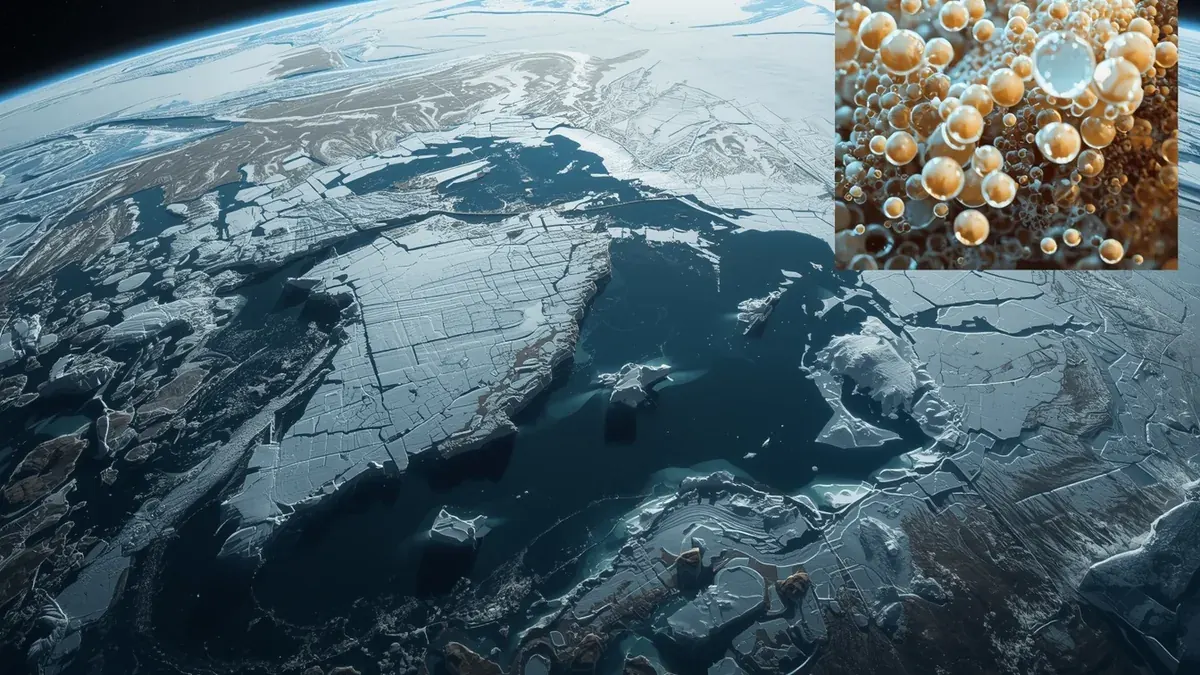 Arktički led i simbolički prikaz povratnih sprega kao ilustracija nelinearnog odgovora klimatskog sistema.