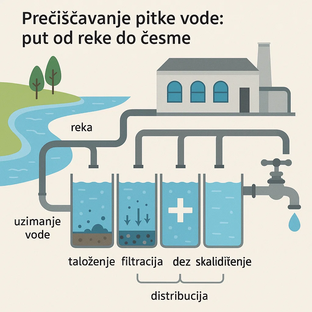 Infografik prečišćavanja pitke vode: reka, taloženje, filtracija, dezinfekcija i distribucija do česme