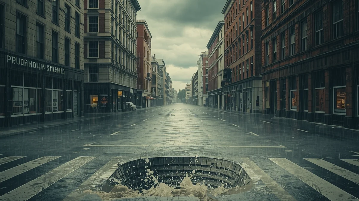 Ulični slivnik koji preliva tokom jake kiše kao ilustracija problema preljeva mešovite kanalizacije.