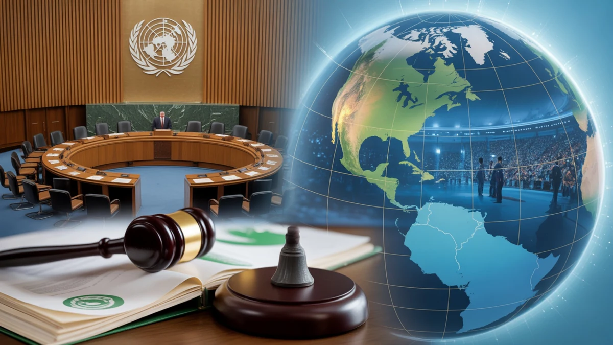 Sudnica Ujedinjenih nacija i globus kao ilustracija razvoja međunarodnog ekološkog prava od Stokholma do Pariza.