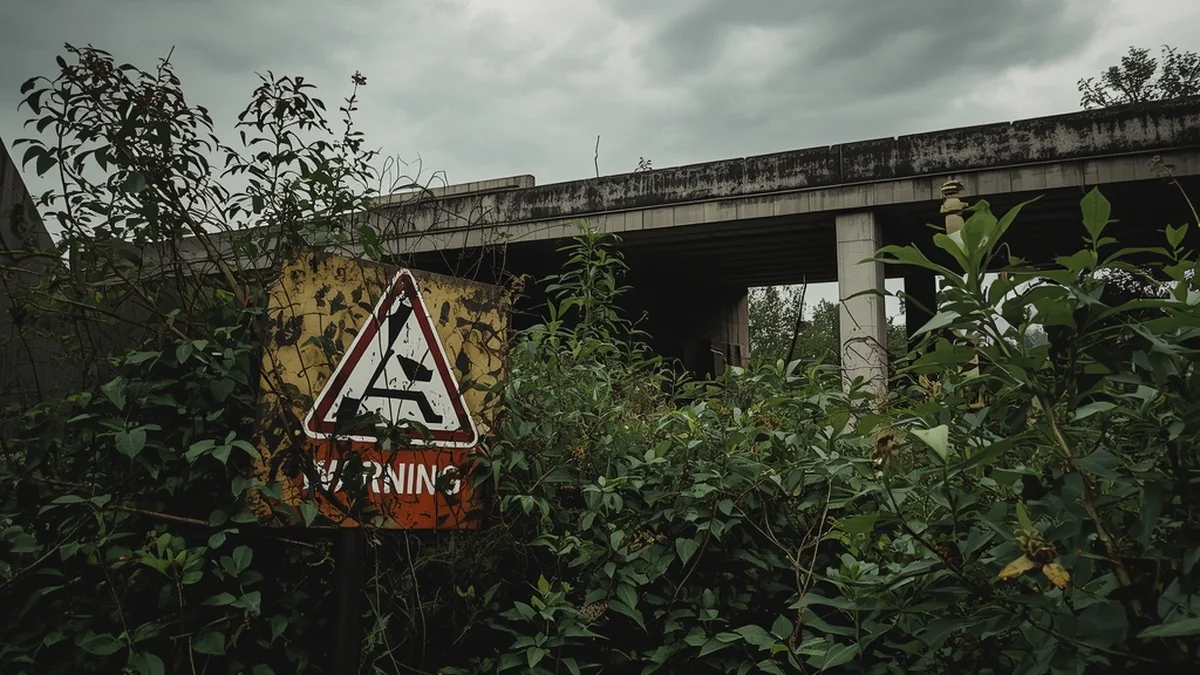 Zapušten industrijski prostor sa znakom upozorenja – ilustracija radioaktivnog i industrijskog nasleđa.