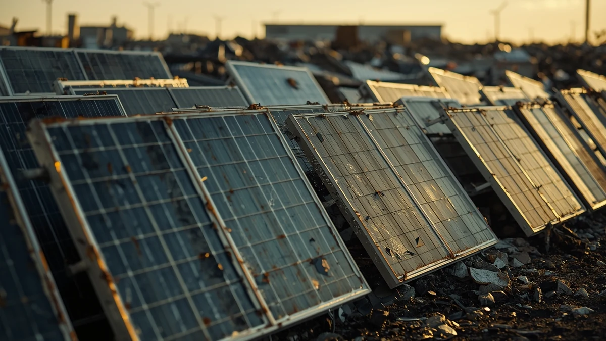 Odloženi solarni paneli na građevinskom otpadu kao ilustracija pitanja reciklaže posle isteka radnog veka.