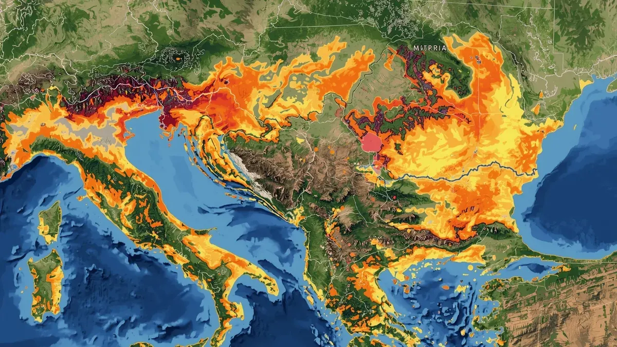 Mapa Balkana u klimatskim bojama kao ilustracija regionalnih klimatskih modela i scenarija za Srbiju.