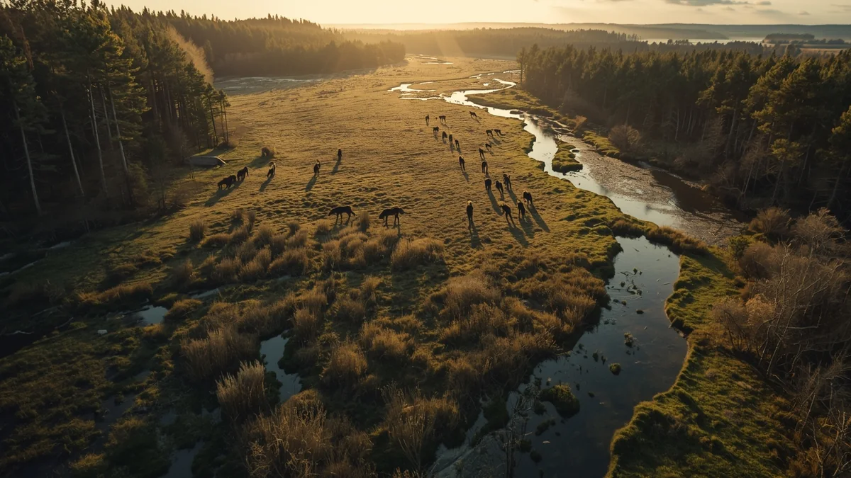 Meandrirajuća rečna dolina sa stadom biljojeda kao ilustracija rewildinga i povratka prirodnih procesa.